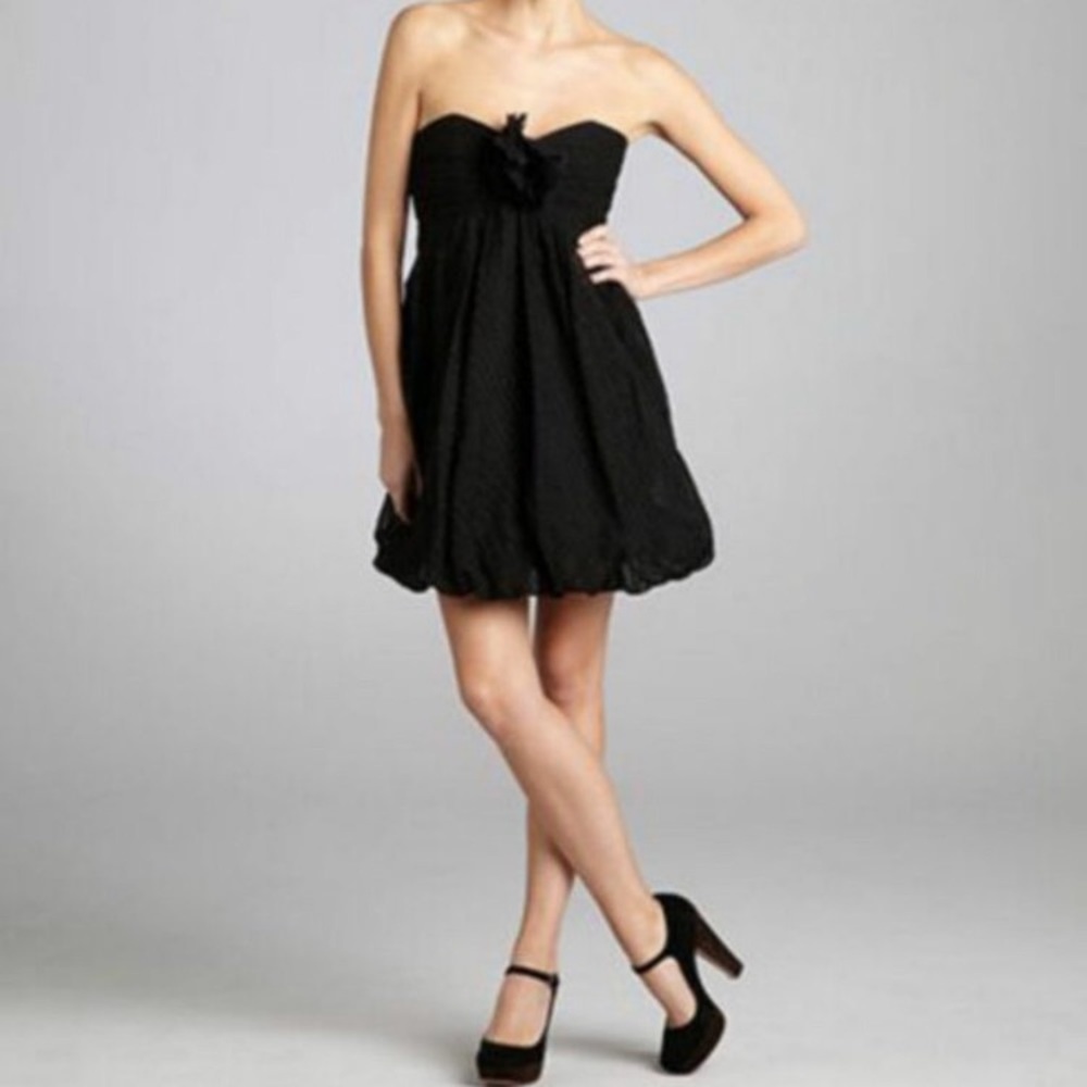 Shoshanna Swiss dot black strapples bubble hem dress size 8